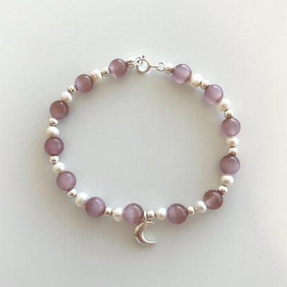 Pink Cat's Eye Stone & Pearl Moon Pendant Bracelet