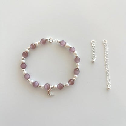 Pink Cat's Eye Stone & Pearl Moon Pendant Bracelet