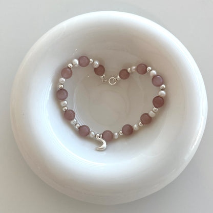 Pink Cat's Eye Stone & Pearl Moon Pendant Bracelet