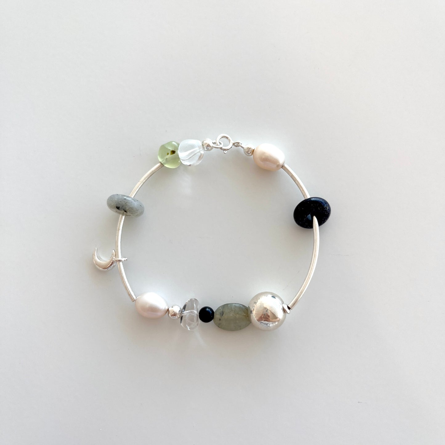 Gray agate & Glitter stone & Pearl Bracelet