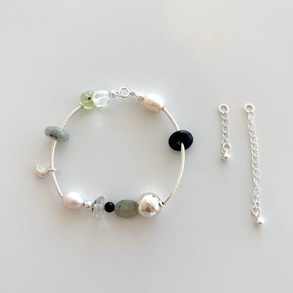 Gray agate & Glitter stone & Pearl Bracelet