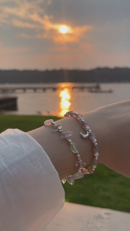 Pink Cat's Eye Stone & Pearl Moon Pendant Bracelet