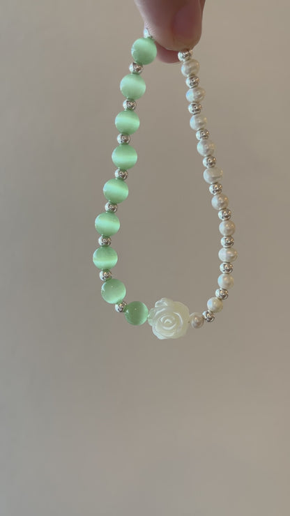 Shell Rose & Green Cat's Eye Stone Bracelet