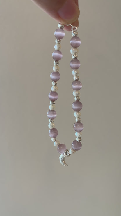 Pink Cat's Eye Stone & Pearl Moon Pendant Bracelet